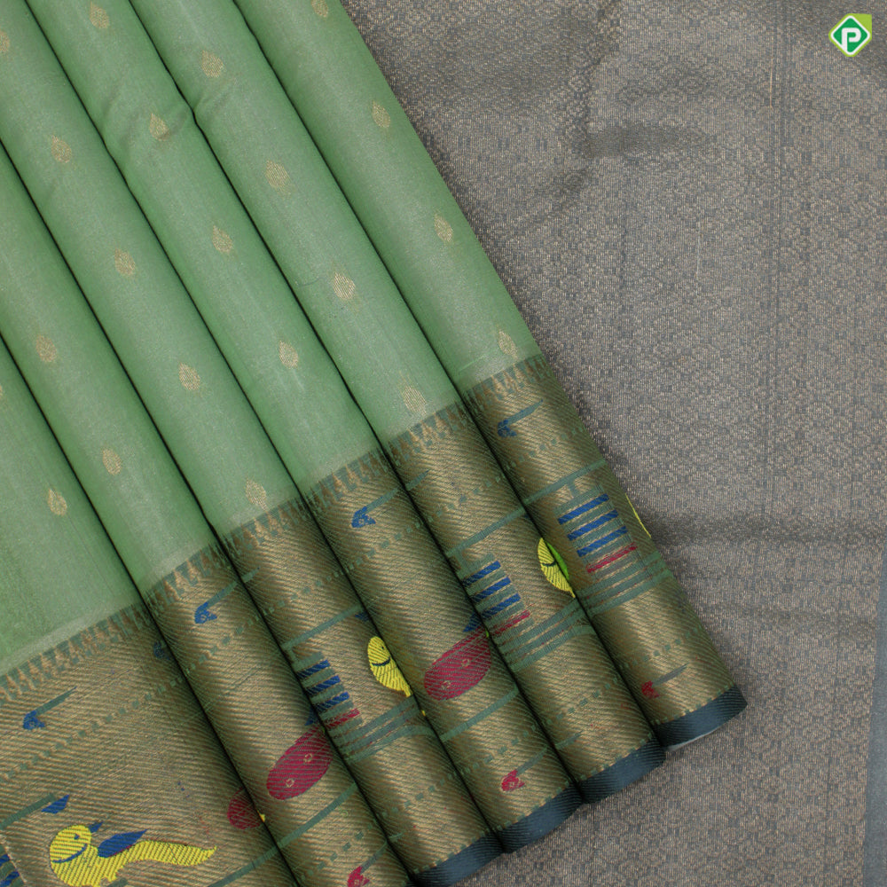 Sage Green With blueish Grey Colour Paithani Border Work Tissue Kuppadam Silk Cotton Saree