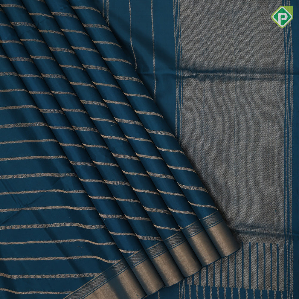Peacock Blue Gold Zari Gross Lines Design Self Colour Gold Zari Border Soft Silk Saree