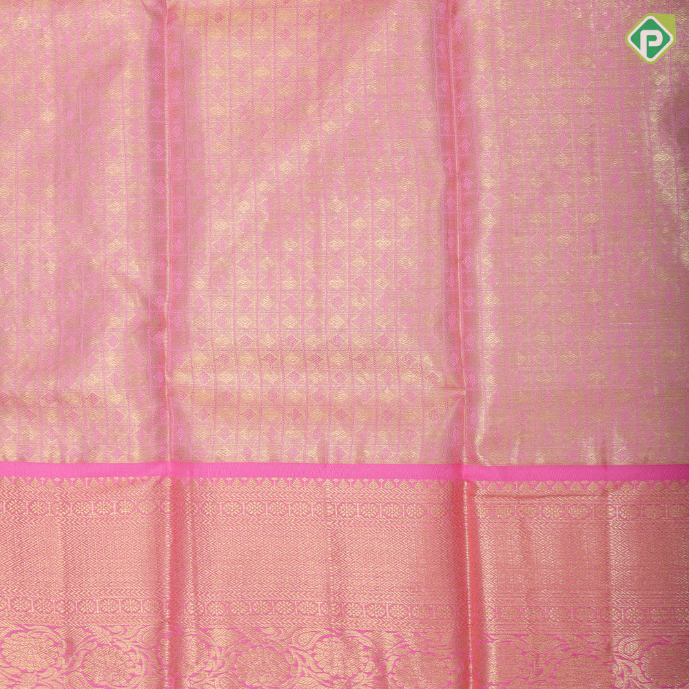 Orange and green base silver gold zari fancy design leaf green gold zari rangoli border pattu paavadai lehanka