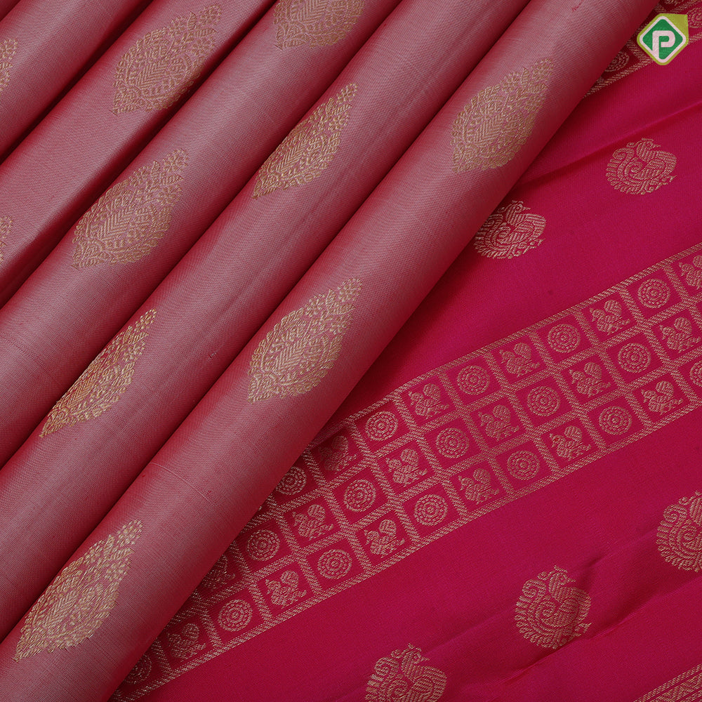 salmon  pink gold zari thilagam design dark pink lotus mayilkan border design traditional silk saree