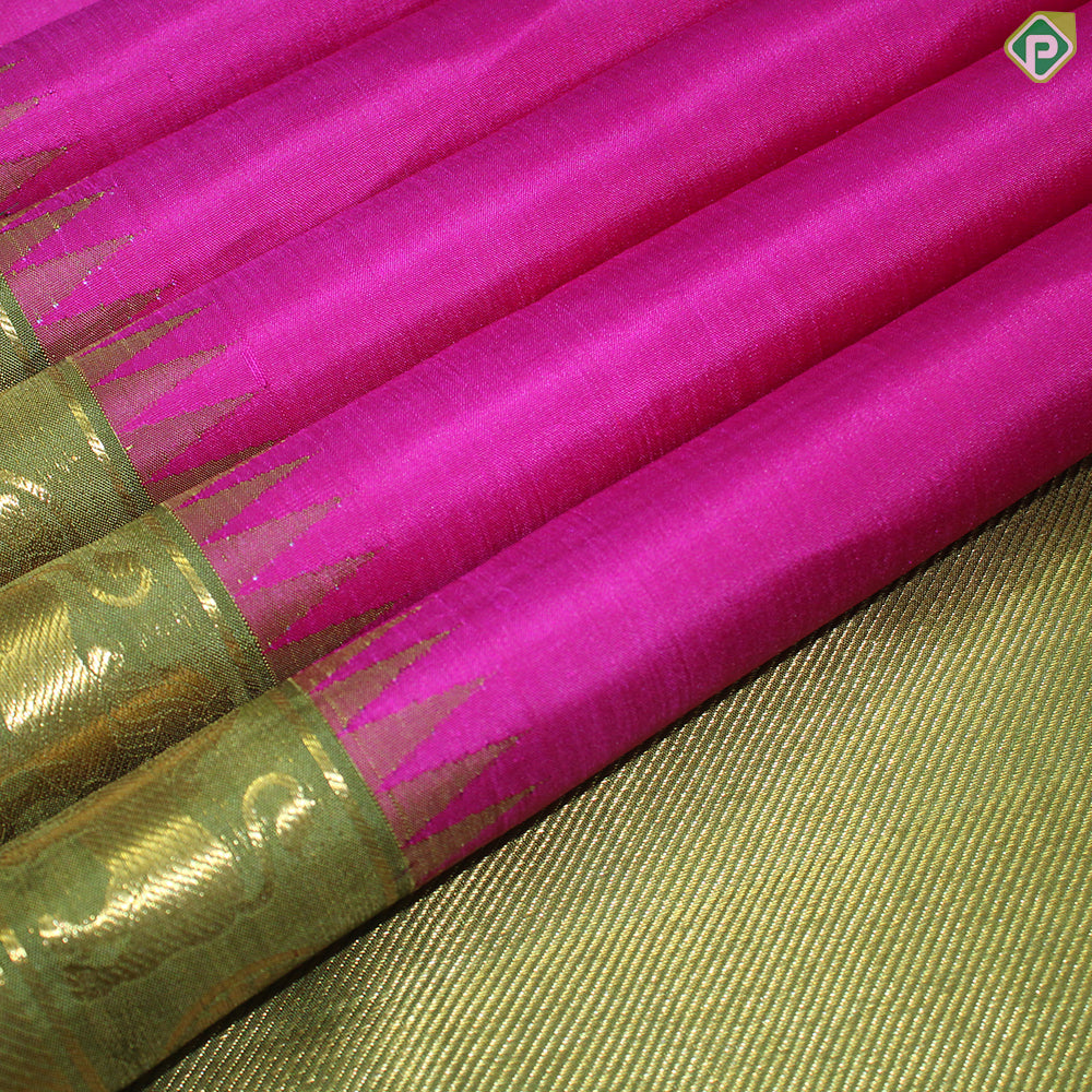 Dark Pink Body Plain With Olive Green Gold Zari YALI And Chakram Design Border Traditional Silk Saree
