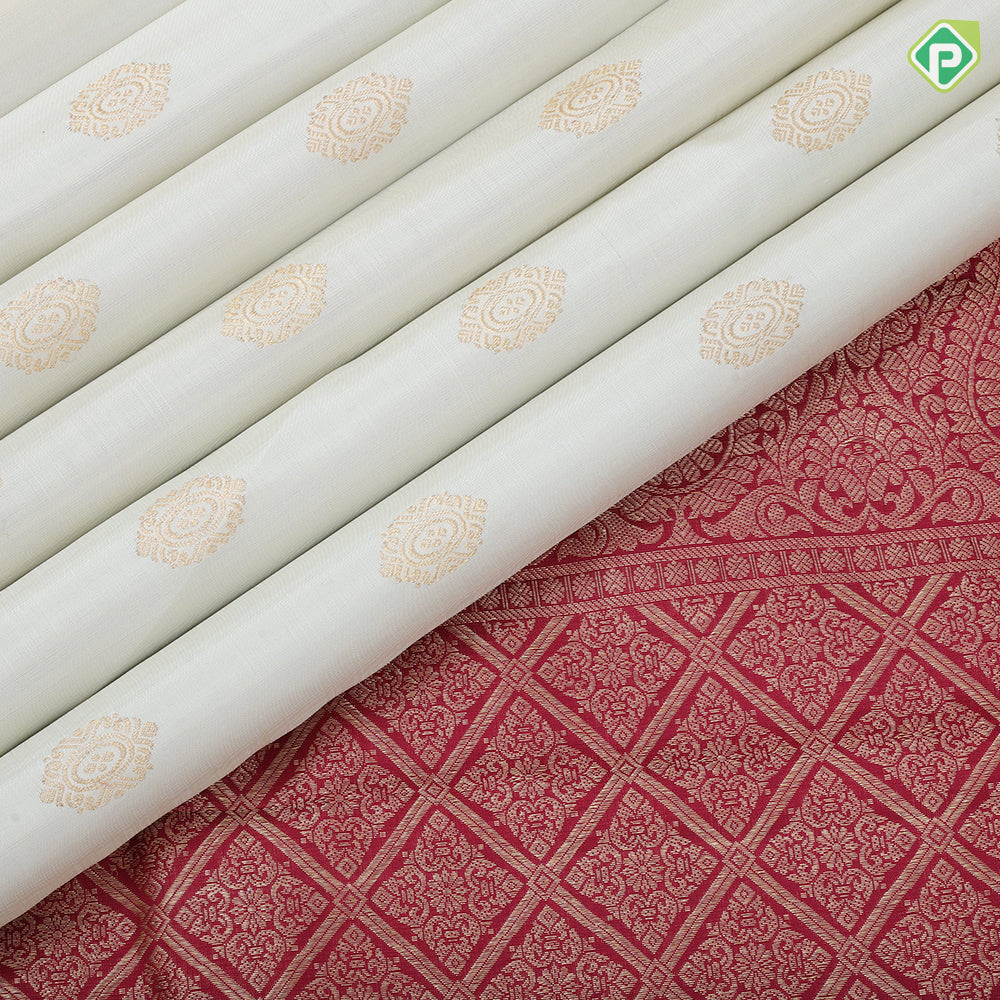 Milk White gold zari fancy round butta design maroon gold zari mid bavanji border traditional silk saree