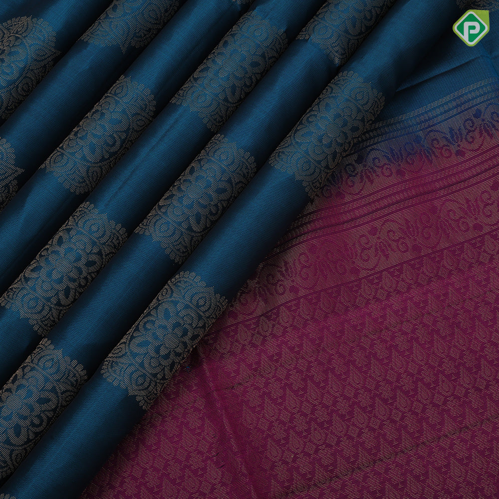 Peacock blue gold zari round rangoli butta motifs Purple Plain border grand pallu soft silk saree