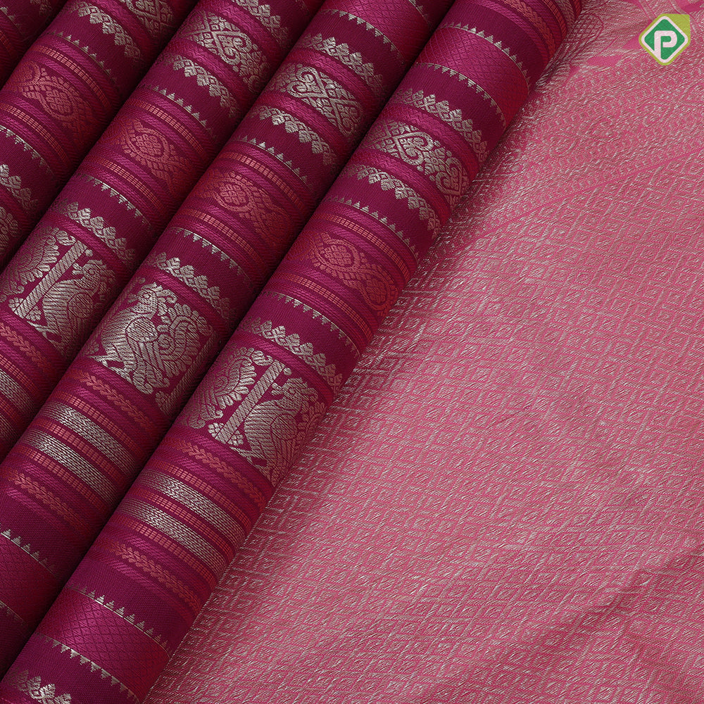 Purple pink silver zari velthari thread work design borderless Exclusive grand bridal silk saree