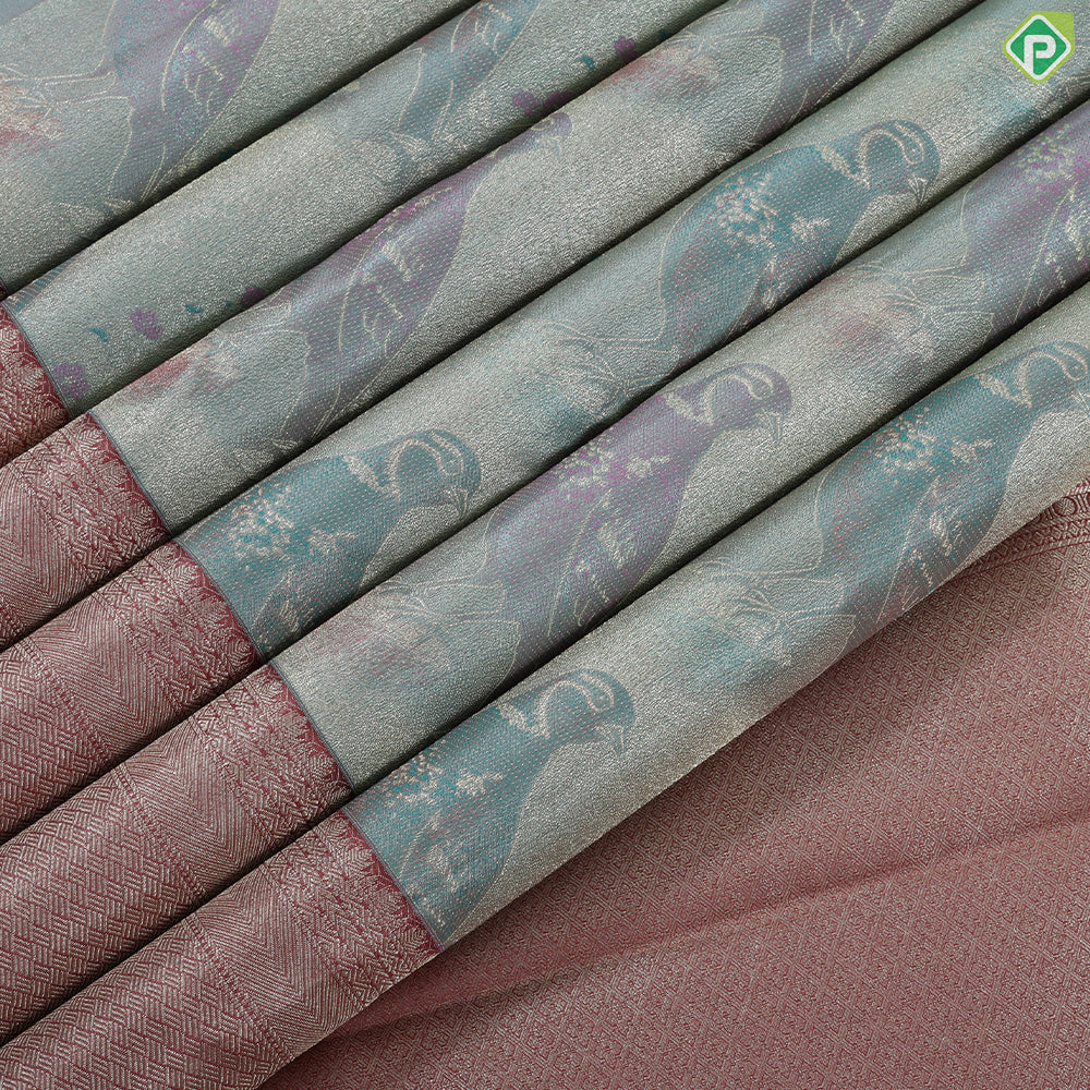 Pista green zari silk thread dove on branch painting inspired onion pink silver gold zari spin border trendy tissue saree