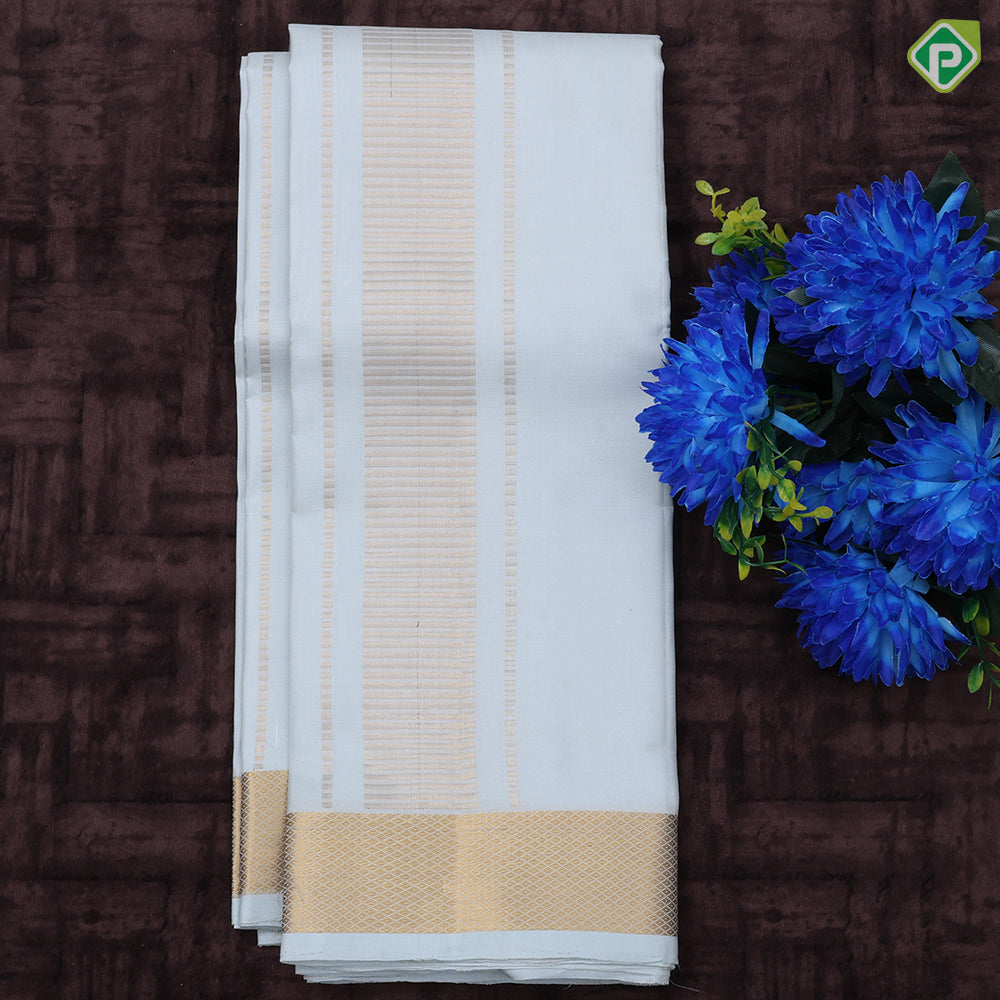 Glacial green gold zari mayilkan border 8*4 dhoti 3 in 1 Vesti set