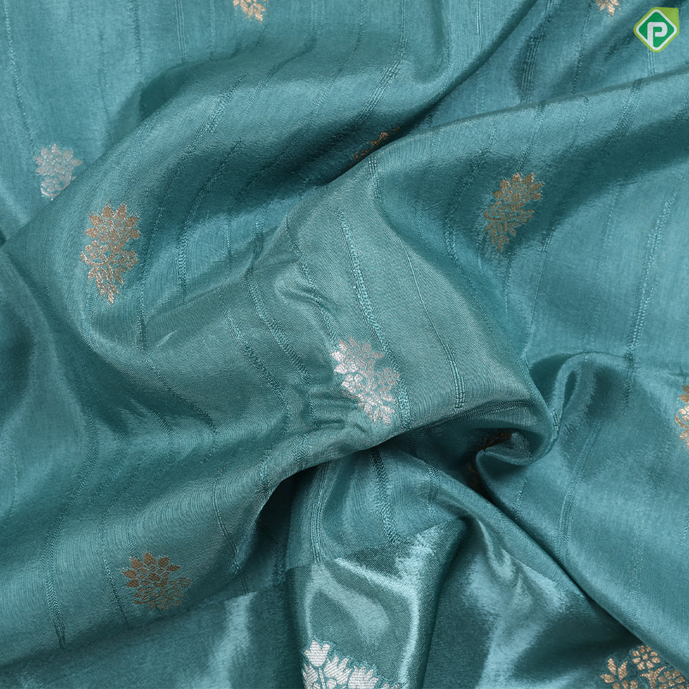 Sea Green With Gold Zari Flower Butta Design Satin Fancy Saree