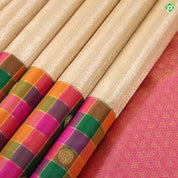 Creamy gold zari by zari weaved design multi colour checks border Traditional silk saree