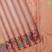 Goldish orange base silver zari diamond tissue weaved multi color thread embroidered border embroidery silk saree
