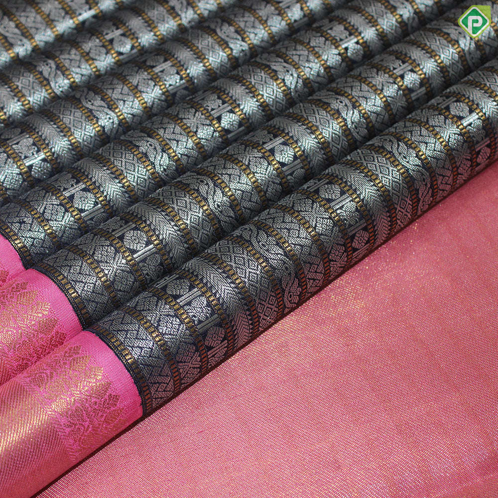 Dark Navy Blue Silver And Gold Zari Veldhaari Design  With Pink Color Border Traditional Silk Saree