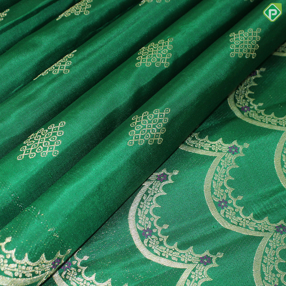 Green Gold Zari Rangoli Motif With Self Color Turning C Type Meena Work Border  Trendy Silk Saree