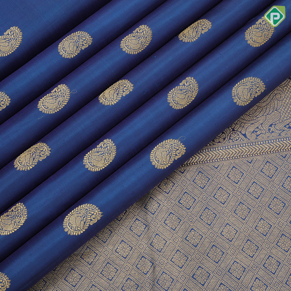 Peacock blue gold zari fancy round butta design contrast sandal gold zari peacock butta border traditional silk saree