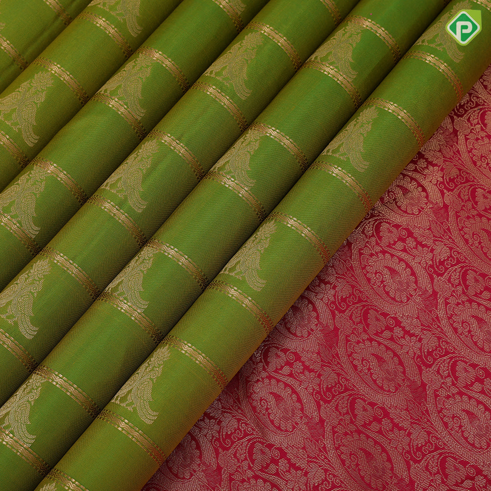 parrot green gold zari velthari lines double peacock butta rani red gold zari meena work border traditional silk saree