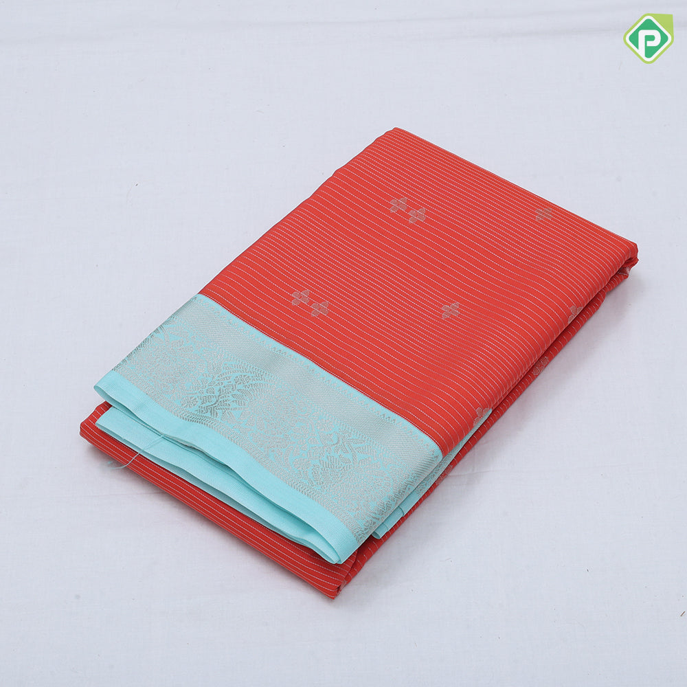 Tomato red gold zari lines and star butta design sky blue neem zari rangoli border art silk saree