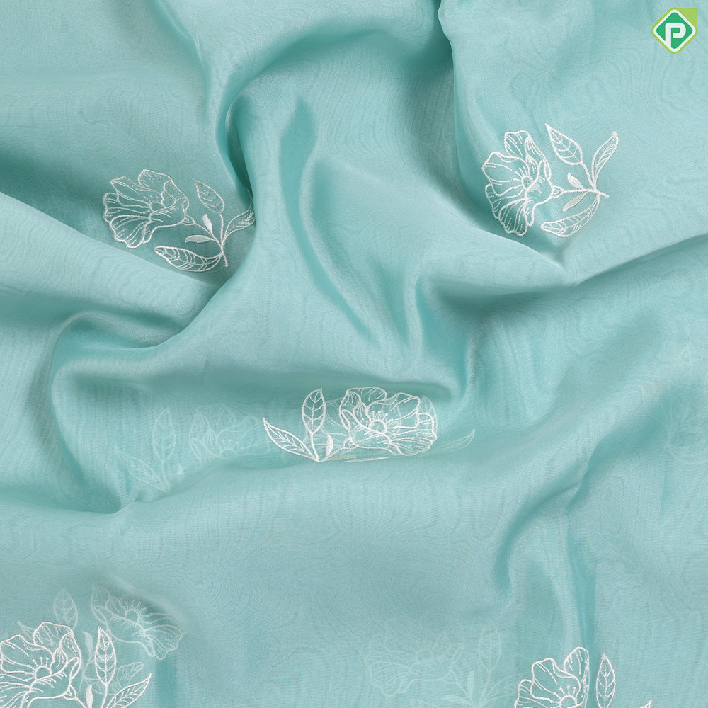 Eliche Green flower with Leaves Butta Embroidered design Semi Organza fancy saree