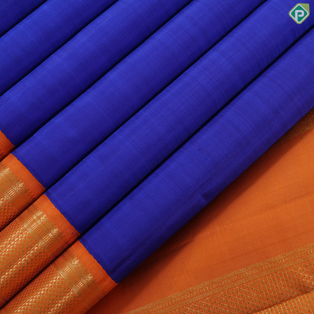 Royal blue plain weaved design contrast orange gold zari mayilkan border madisar 9 yards silk saree