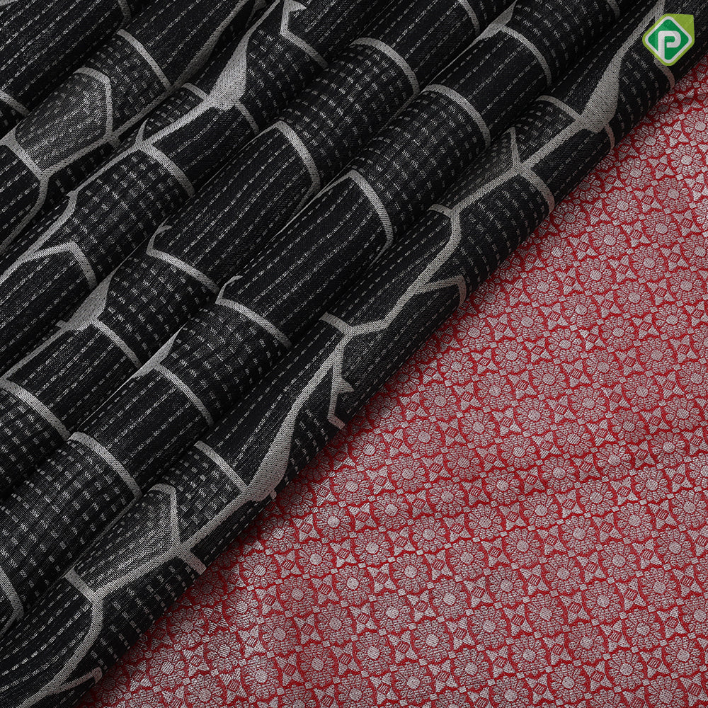 Black colour Silver Zari Checks Design Chilly Red Floral Mayilkan Border Design Luxury Black silk Saree