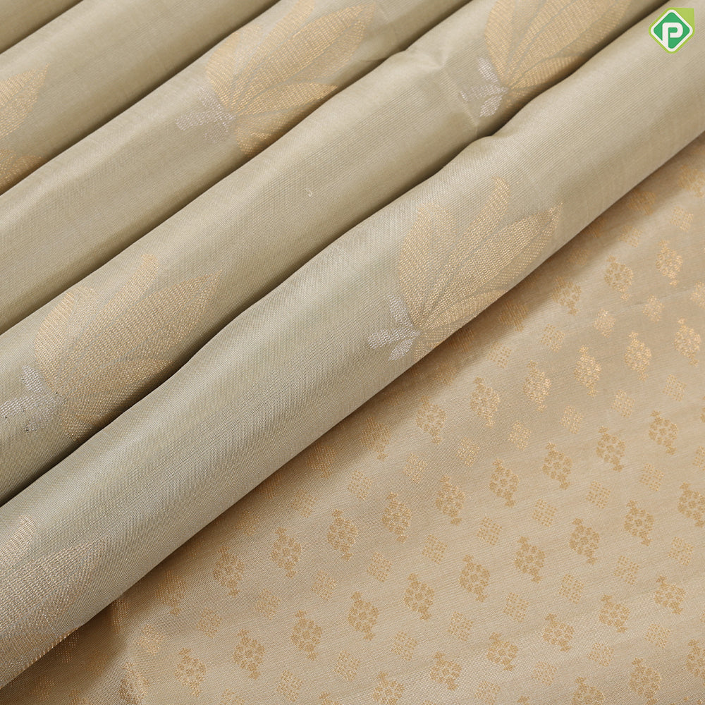 Beige silver gold zari fancy flower design self gold zari edge border soft silk saree