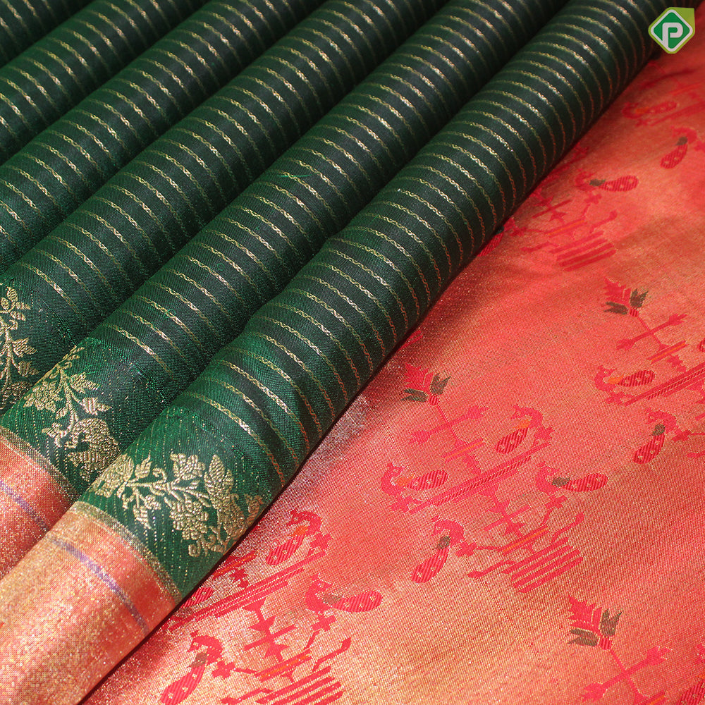 Bottle Green Gold Zari Lines With Red Color Border Traditional Silk Saree