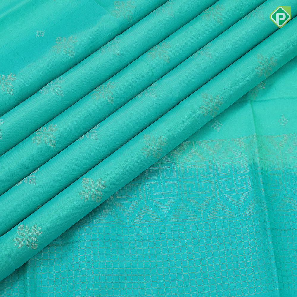 Spring green silver gold zari fancy flower butta motifs sea green silver gold zari graphic design border soft silk saree