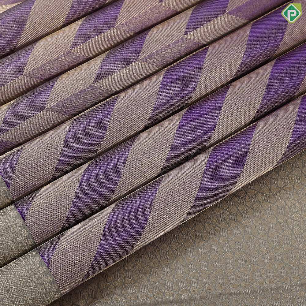 Dark lavender silver gold zari arrow line design beige silver gold zari spin weave design Trendy silk saree