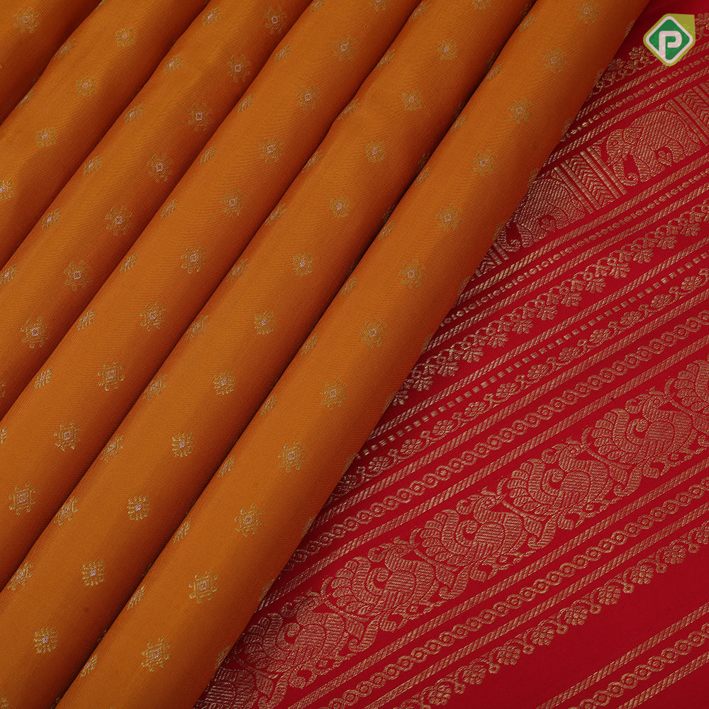Mustard yellow silver gold zari small butta motifs paaalum pazhamum gold zari border traditional silk saree