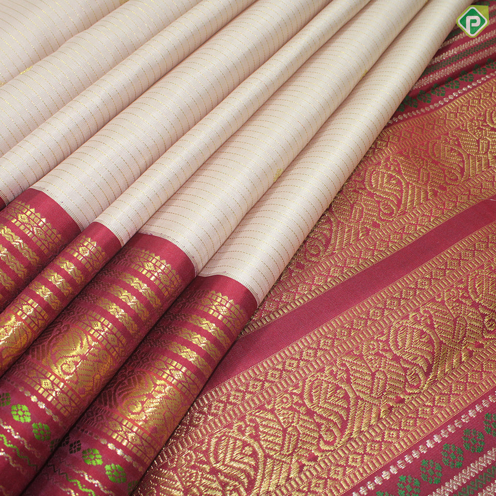 White Beige Gold Zari Lines And Small Motif With Maroon Peacock Ruthracham Design Border Traditional Silk Saree
