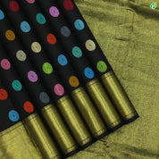 Black Colour Big Folka Thread Work Motifs Golden Zari Luxury Black Silks Saree
