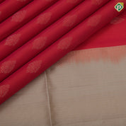 Reddish pink gold zari leaf design butta motifs beige plain border contrast rich pallu soft silk saree
