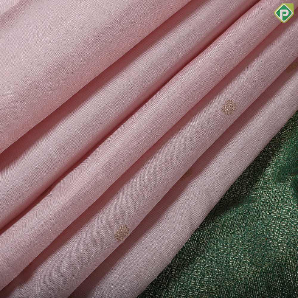 peach gold zari peacock rudraksham butta design contrast green gold zari diamond border traditional silk saree