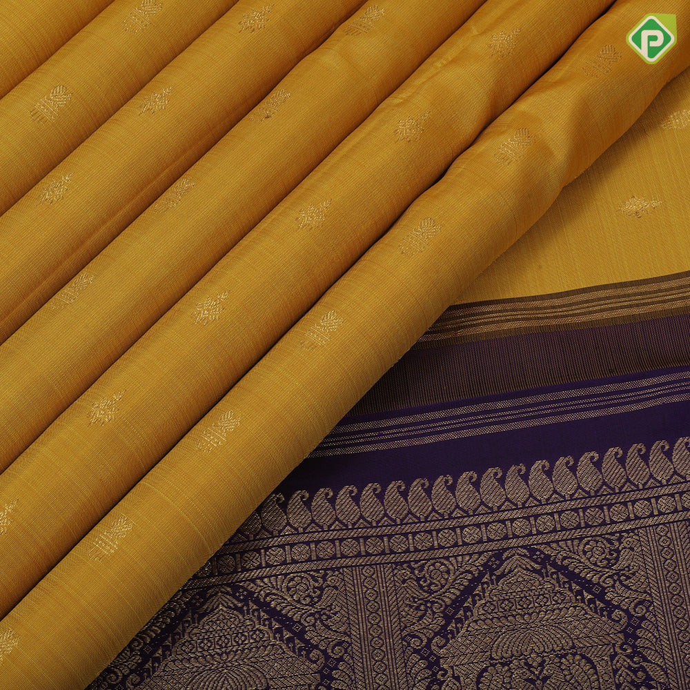 Mango yellow gold zari fancy star potted annam butta contrast blue gold zari tri lines meena work koorvai border traditional silk saree