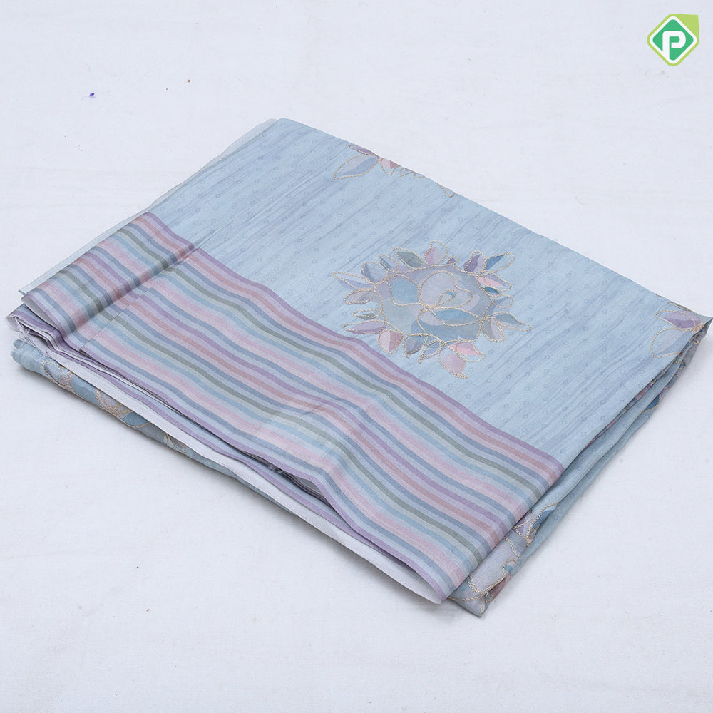 Pastel natural color zari flower design multi color line border semi tusser saree