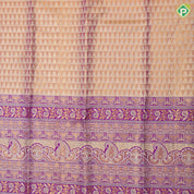 Peach silver gold zari cross lines design purple silver gold zari meena work border tissue silk lehanka pattu paavadai