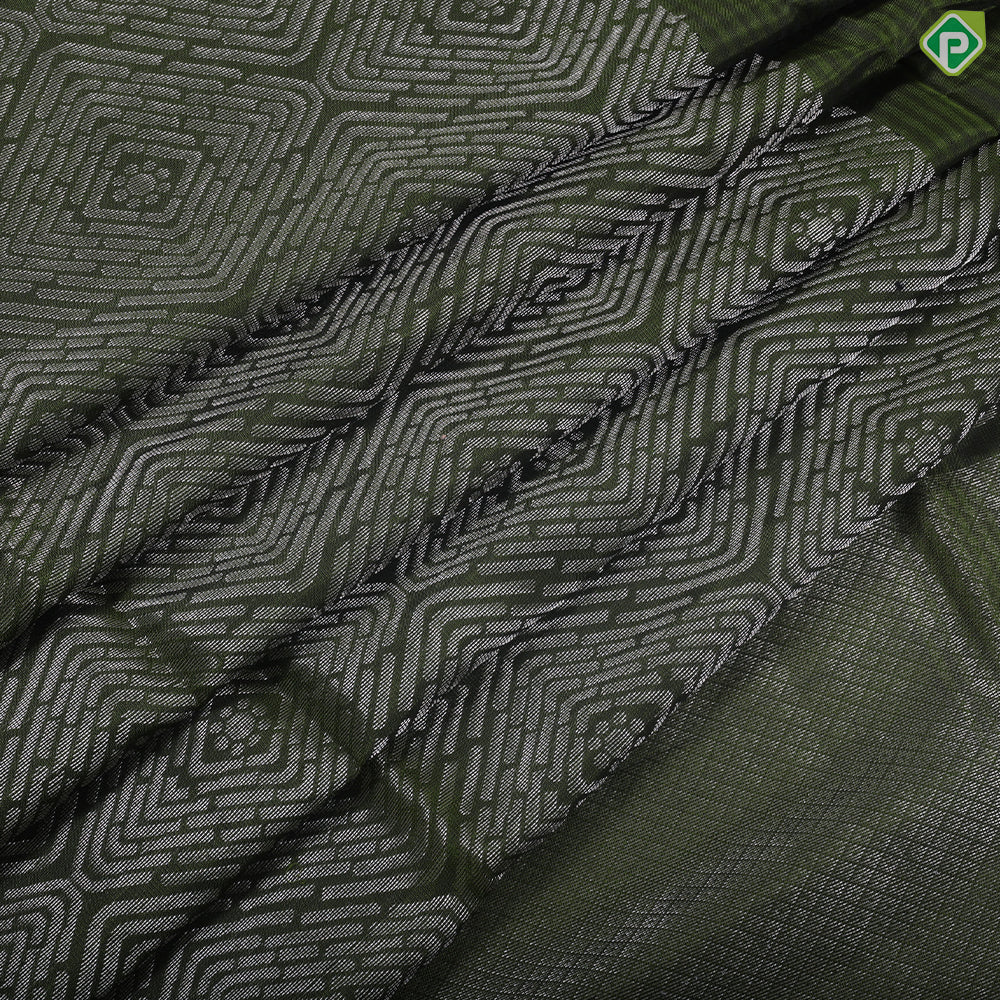 Pickle green silver zari big squares design self pink edge border soft silk saree