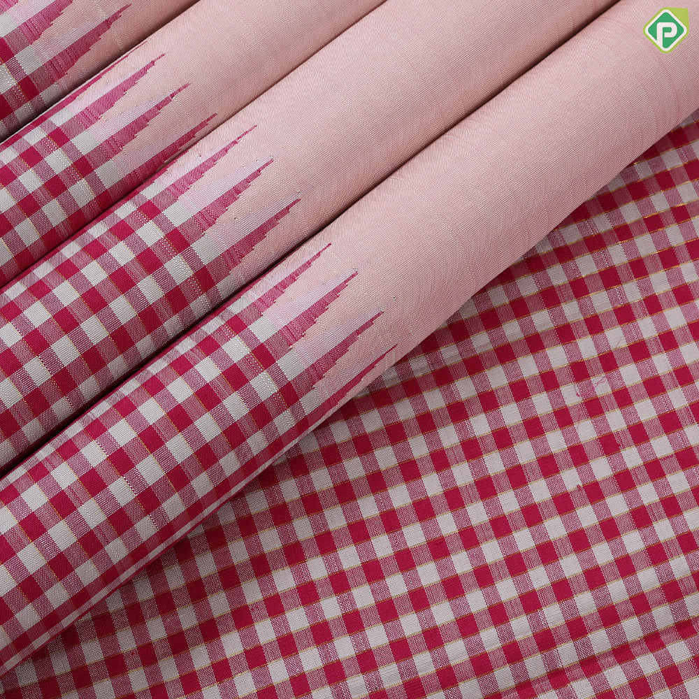 Peach Plain full body weaved design contrast pink with which checked border Traditional silk saree