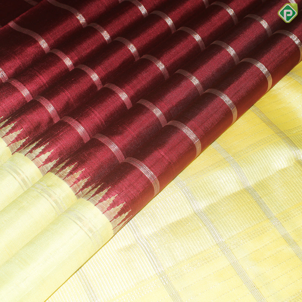 Dark Red Gold Zari With lemon Yellow and Rexona Green Double Color Temple Design Border Silk Saree