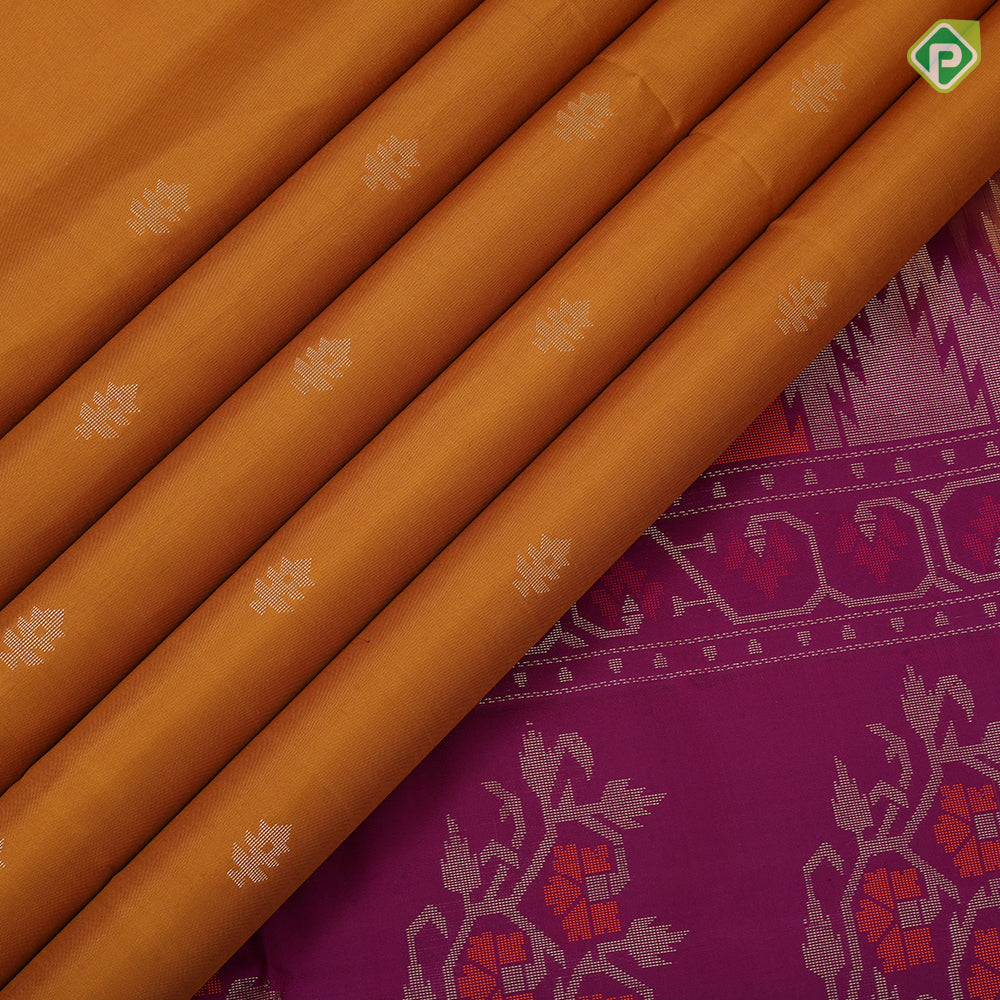 Mustard yellow gold zari fancy butta design grand pallu rani pink gold zari temple border soft silk saree