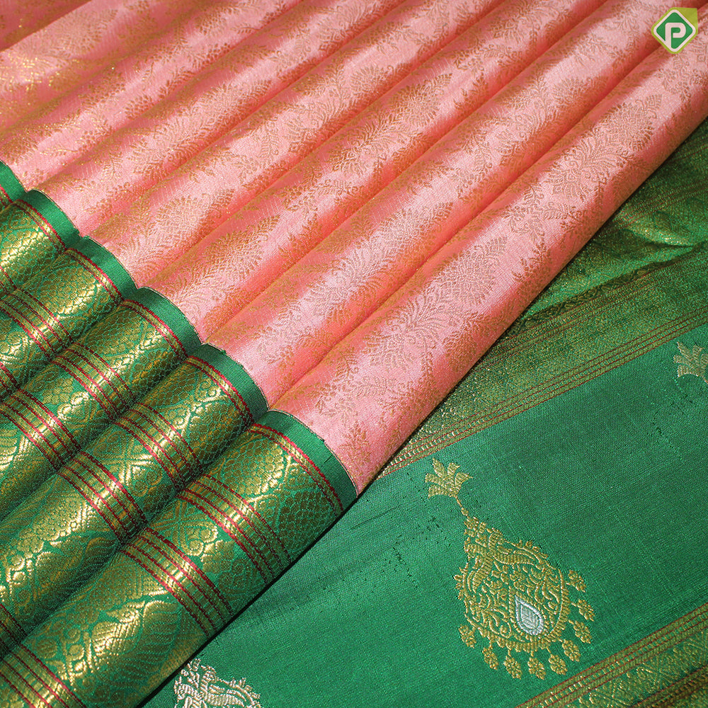 Peach Pink With Gold Zari  Peacock And Ruthracham Green Long and Small Border Traditional Silk Saree