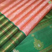 Peach Pink With Gold Zari  Peacock And Ruthracham Green Long and Small Border Traditional Silk Saree
