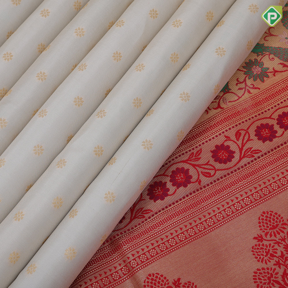 cream white gold zari flower butta design red meena work border traditional gift silk saree