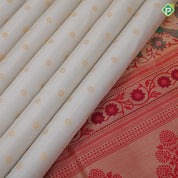 cream white gold zari flower butta design red meena work border traditional gift silk saree