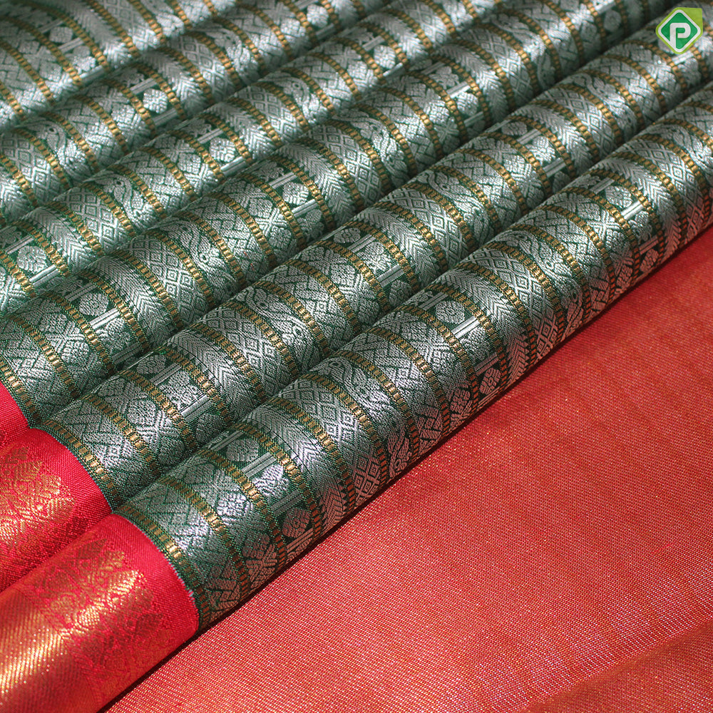 Bottle Green Silver And Gold Zari With Red Color Border Traditional Silk Saree