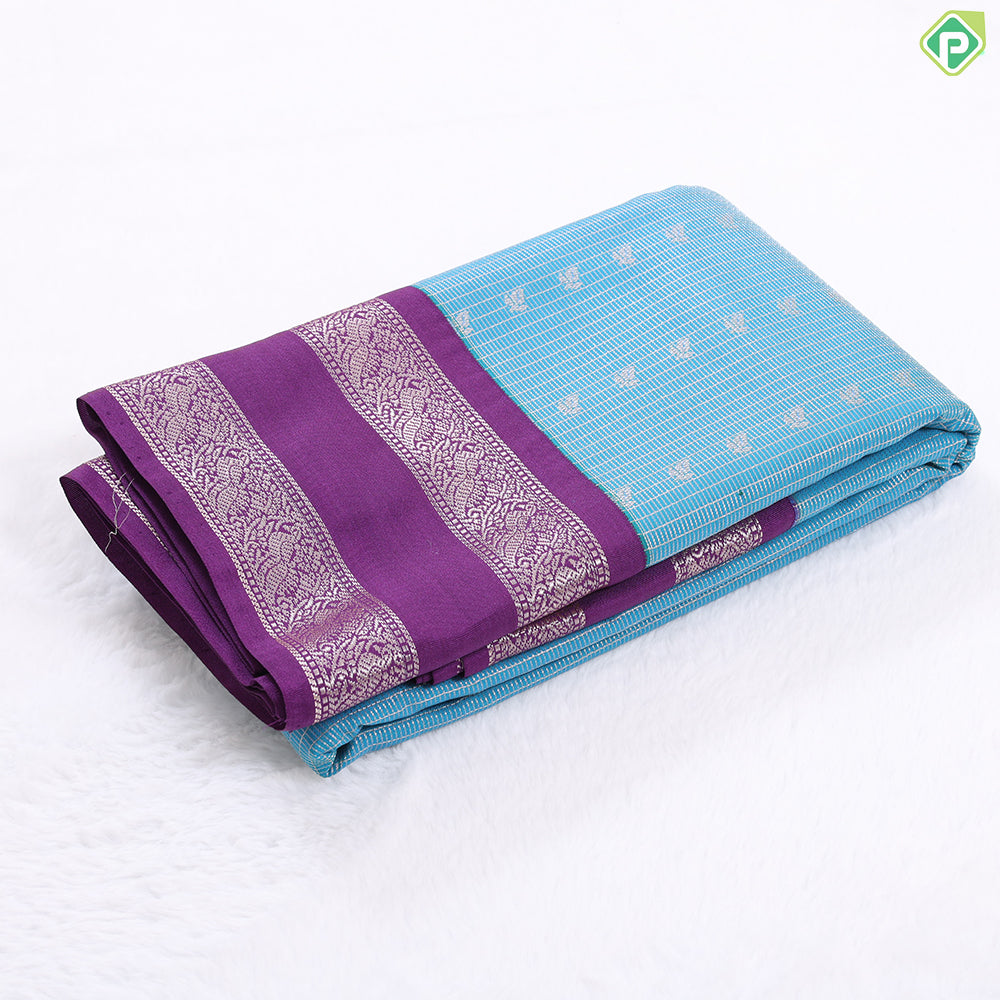 Honey orange silver zari stripes butta design contrast purple rettapet border art silk gift saree