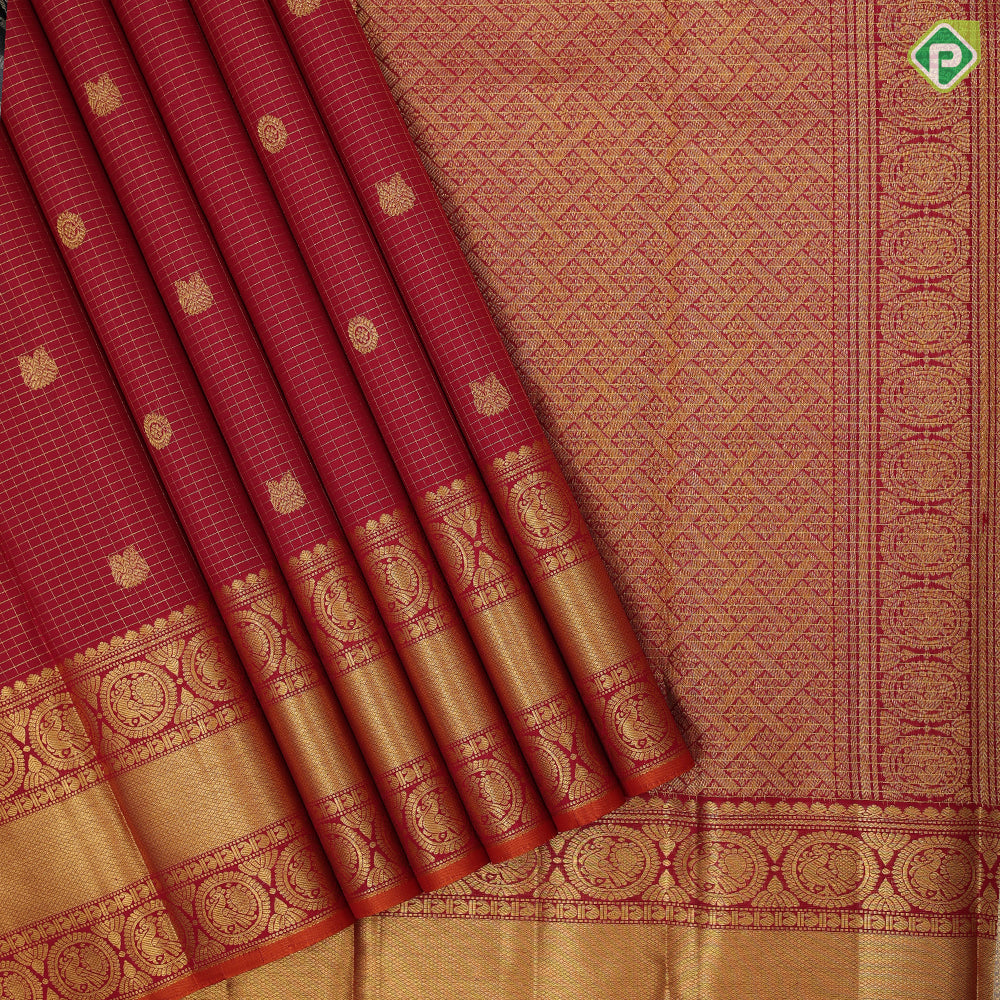 Maroon red gold zari vairaoosi kattam butta motifs design self gold zari peacock round butta lines retta pett border koorai silk saree