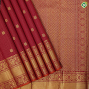 Maroon red gold zari vairaoosi kattam butta motifs design self gold zari peacock round butta lines retta pett border koorai silk saree