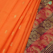 Dark orange gold zari fancy flower butta green red gold zari big diamond design one side border silk saree