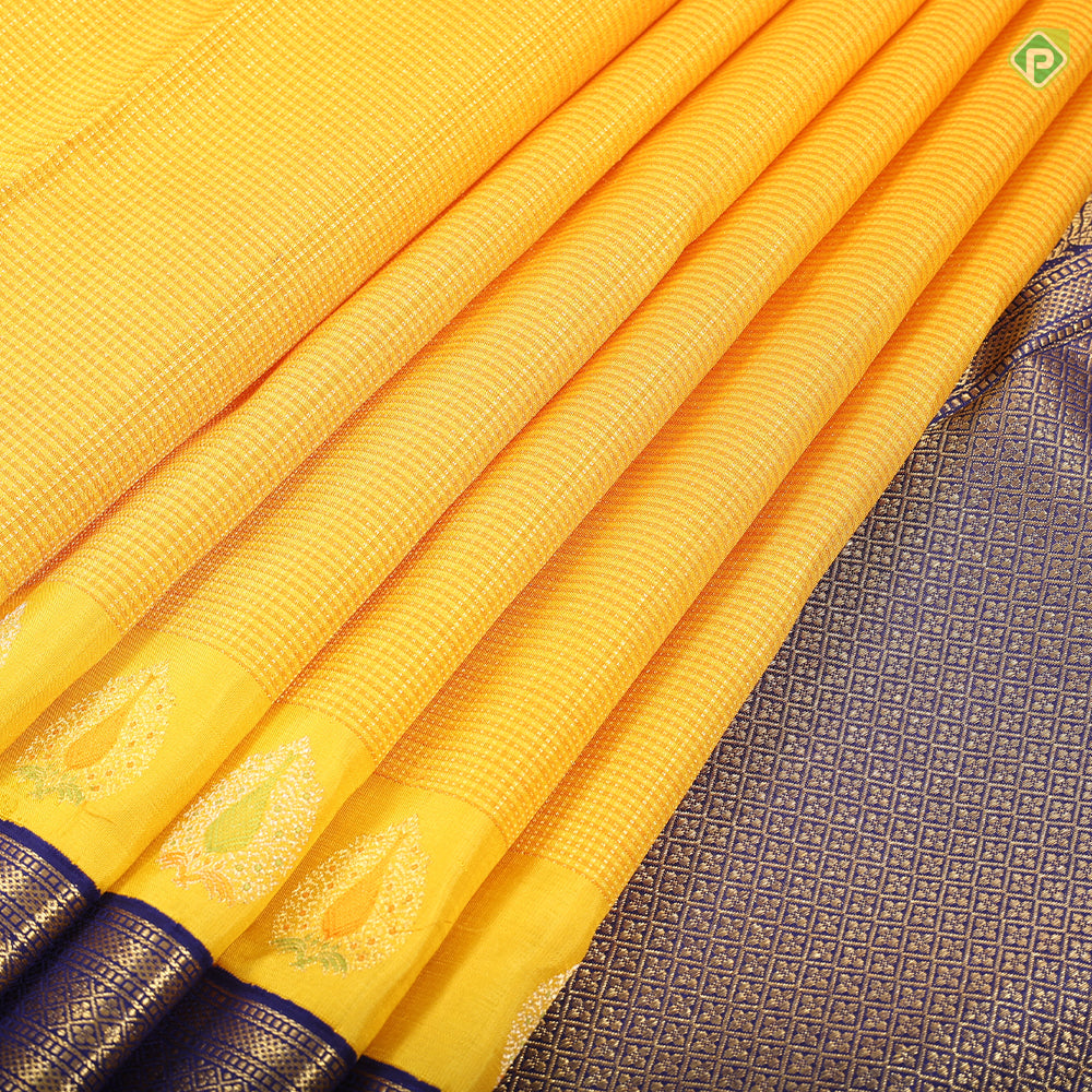 Mango yellow honey orange gold zari micro checks design Contrast Blue gold zari meena work border Traditional silk saree