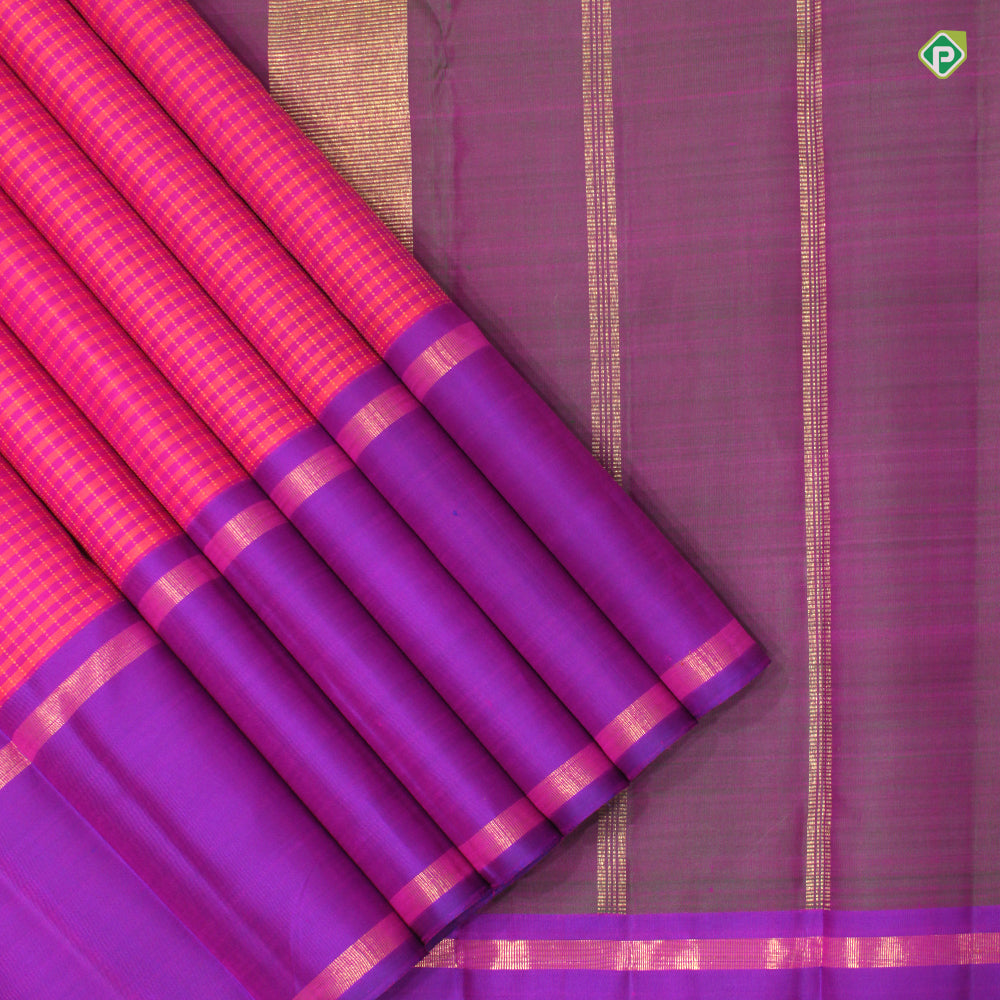 Orangish Pink With Purple Violet Colour Small Zari Lines Traditional Silks Saree