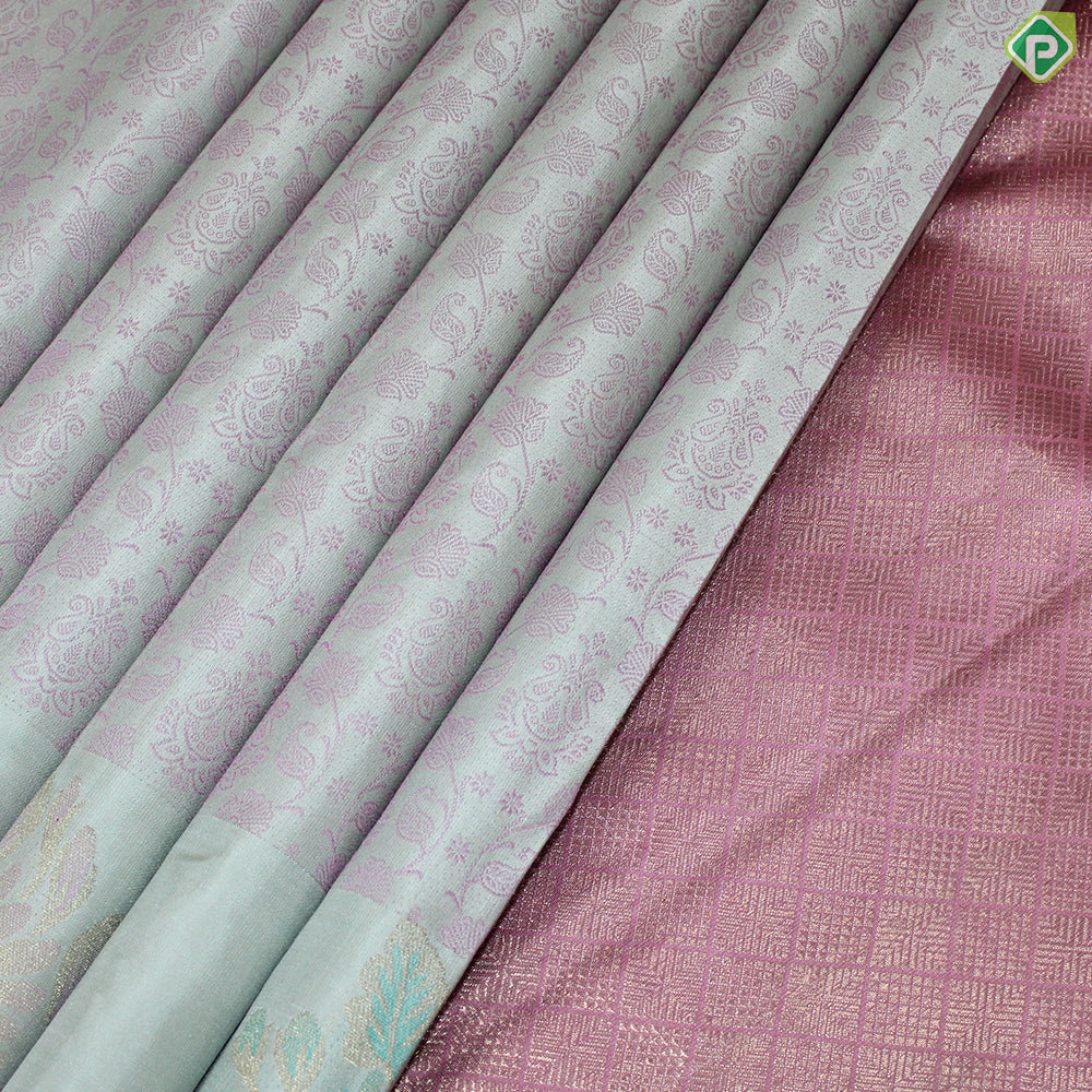 Peach green Thread Baby Pink Floral Design With Big Flower Border Design Trendy Silk Saree