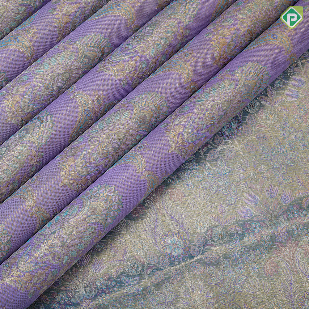 Lavender silver gold zari grand floral design Sea blue gold zari fancy floral design tissue silk saree